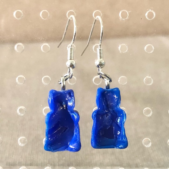 Handmade Blue Recycled Plastic Gummy Bear Earrings - Picture 2 of 4